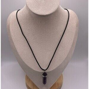 Macy's Purple Amethyst Crystal Pendant Faux Leather Cord Sterling Black Necklace